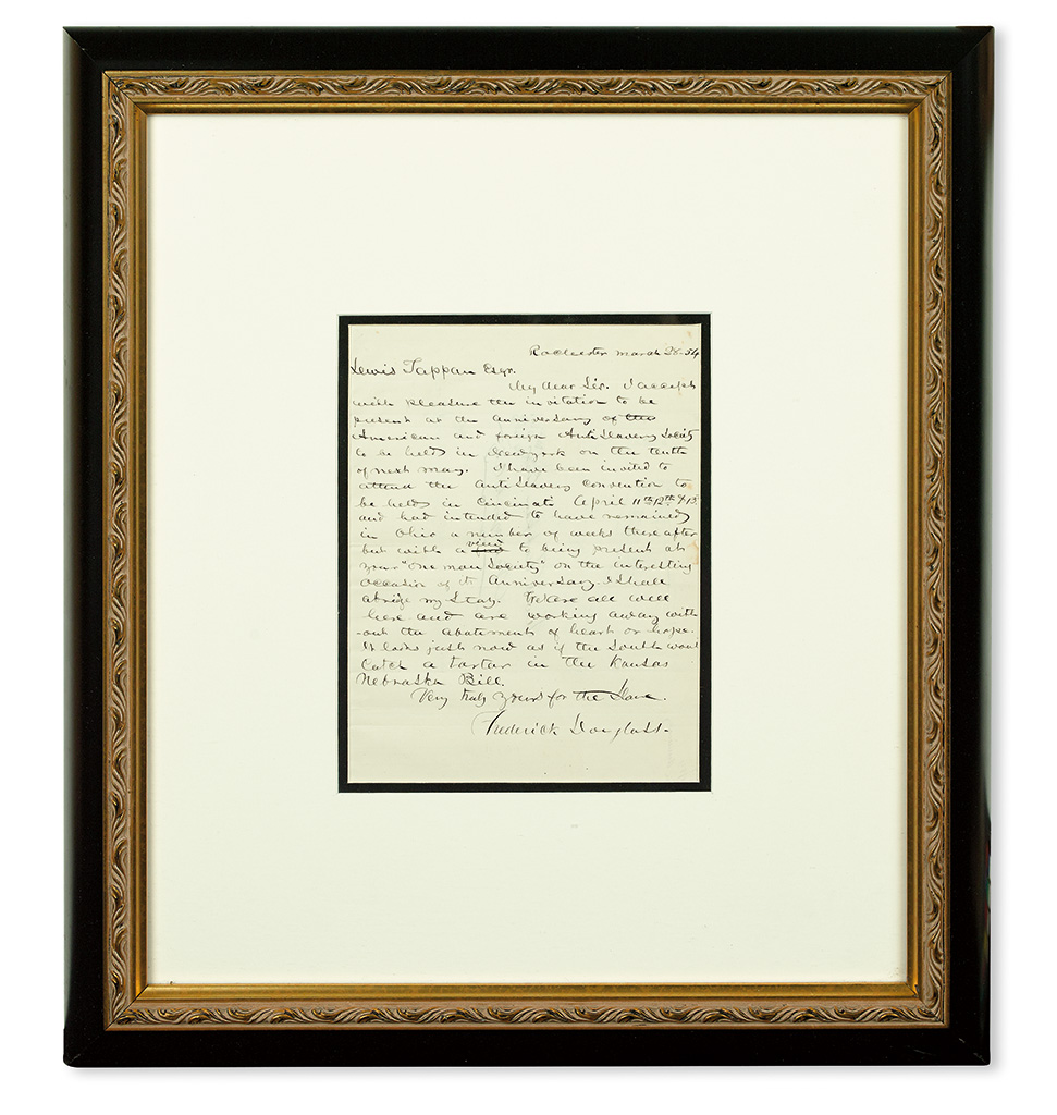 (SLAVERY AND ABOLITION.) DOUGLASS, FREDERICK. Autograph Letter Signed, addressed to Lewis Tappan.